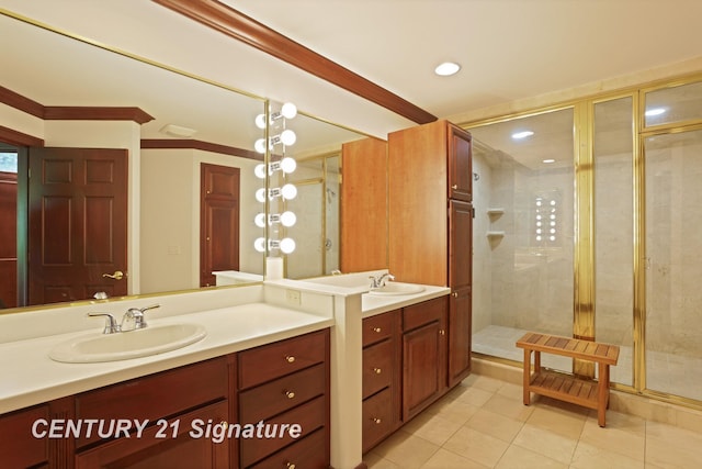 12 W Corral Dr, Saginaw, MI 48638 - bathroom featuring tile patterned floors, a stall shower, two vanities, and recessed lighting