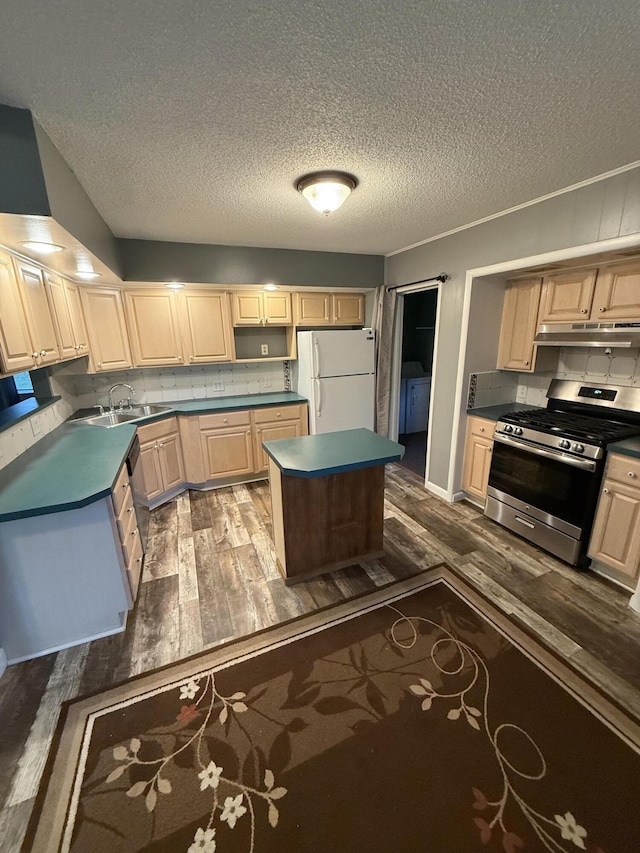 106 S Berkley St, Kalamazoo, MI 49006 - kitchen featuring stainless steel gas stove, freestanding refrigerator, under cabinet range hood, dark wood-type flooring, and a textured ceiling