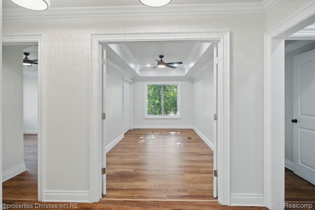 18051 Locherbie Ave, Beverly Hills, MI 48025 - hall with wood finished floors, crown molding, a tray ceiling, and baseboards