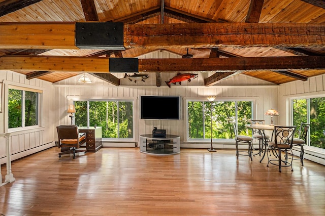 8721 Onandaga Rd, Clarkston, MI 48348 - living area with wood ceiling, a baseboard radiator, hardwood / wood-style flooring, healthy amount of natural light, and a baseboard heating unit