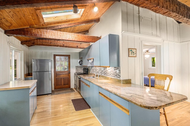 8721 Onandaga Rd, Clarkston, MI 48348 - kitchen with appliances with stainless steel finishes, blue cabinetry, light wood-style flooring, wooden ceiling, and a sink