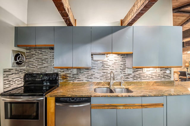 8721 Onandaga Rd, Clarkston, MI 48348 - kitchen with stainless steel range with electric stovetop, a sink, beamed ceiling, decorative backsplash, and gray cabinetry