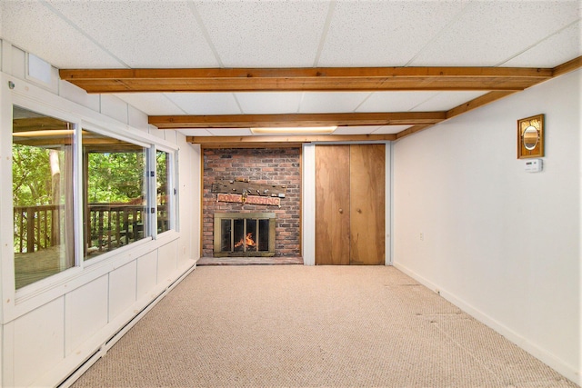 8721 Onandaga Rd, Clarkston, MI 48348 - unfurnished living room featuring beam ceiling, a brick fireplace, carpet, a baseboard radiator, and baseboards