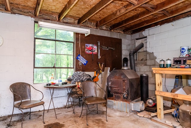 2311 E Glendora Rd, Buchanan, MI 49107 - below grade area with a wood stove and concrete block wall