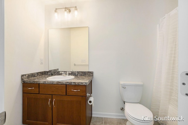 12285 Apple Cart Ln, Lowell, MI 49331 - full bathroom featuring vanity, toilet, baseboards, curtained shower, and tile patterned floors