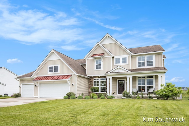 12285 Apple Cart Ln, Lowell, MI 49331 - craftsman inspired home featuring a standing seam roof, driveway, a front lawn, a shingled roof, and board and batten siding