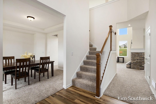 12285 Apple Cart Ln, Lowell, MI 49331 - stairs featuring wood finished floors, a towering ceiling, and carpet floors