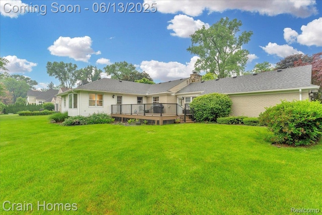 6151 Golfview Dr, Bloomfield Hills, MI 48301 - back of house with a wooden deck, a lawn, and a chimney