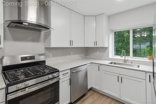 2062 Vermont Dr, Troy, MI 48083 - kitchen featuring stainless steel appliances, range hood, a sink, white cabinetry, and light wood-type flooring