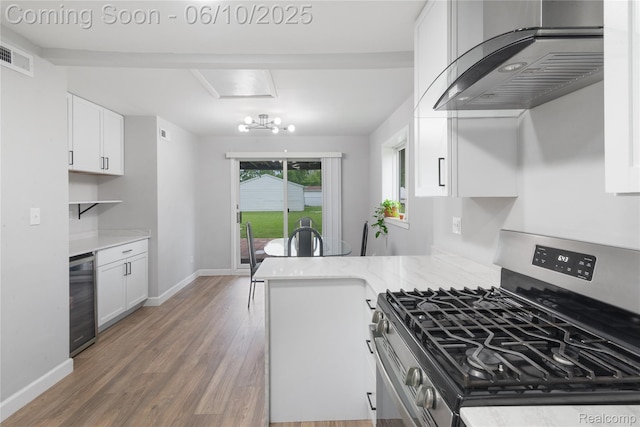 2062 Vermont Dr, Troy, MI 48083 - kitchen with gas stove, extractor fan, beverage cooler, white cabinets, and light wood-style flooring
