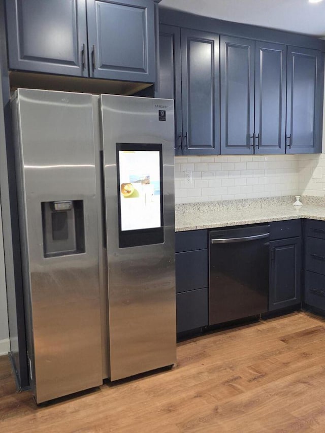 3485 Bedford St, Detroit, MI 48224 - kitchen with stainless steel refrigerator with ice dispenser, dishwashing machine, light wood finished floors, backsplash, and light stone counters