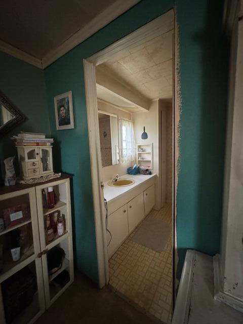 583 S Mcintosh Ln, Muskegon, MI 49442 - bathroom with vanity and ornamental molding