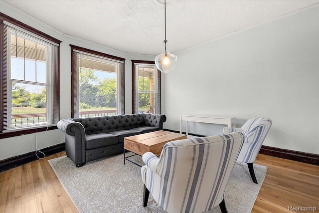 2160 Concord St, Detroit, MI 48207 - living room featuring crown molding, a textured ceiling, and wood finished floors