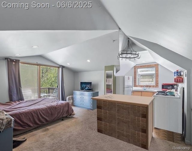 12631 9 Mile Rd, South Lyon, MI 48178 - bedroom with freestanding refrigerator, lofted ceiling, carpet floors, and a sink