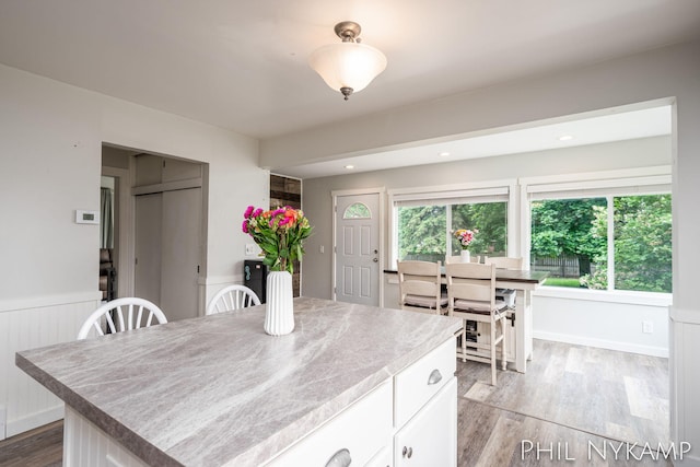 6810 Pierce St, Allendale, MI 49401 - kitchen with light wood-type flooring, white cabinets, plenty of natural light, a kitchen island, and wainscoting