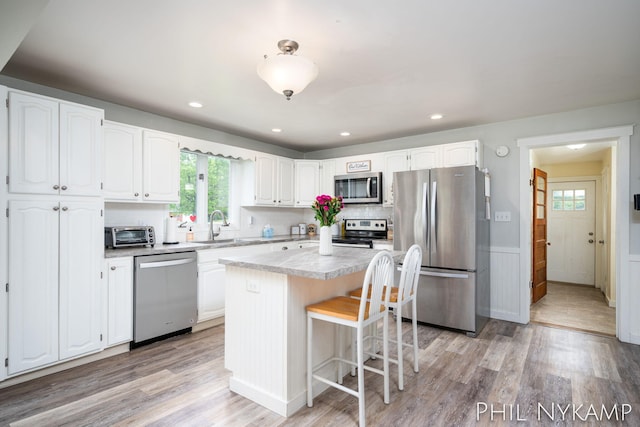 6810 Pierce St, Allendale, MI 49401 - kitchen featuring appliances with stainless steel finishes, healthy amount of natural light, a sink, light wood finished floors, and wainscoting