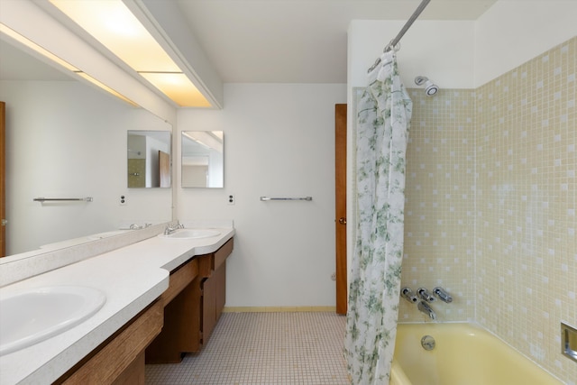 3604 Pall Dr, Warren, MI 48092 - bathroom with double vanity, shower / bathtub combination with curtain, tile patterned floors, and baseboards