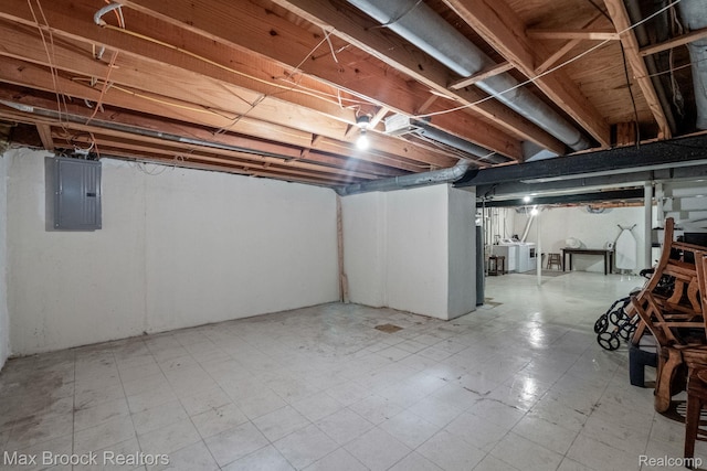 1132 Hillpointe Cir, Bloomfield Hills, MI 48304 - unfinished basement featuring electric panel, washing machine and clothes dryer, and tile patterned floors