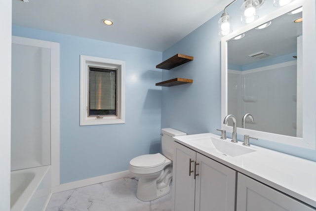 1931 Charlotte Landing Rd, Springport, MI 49284 - bathroom featuring vanity, baseboards, marble look tile flooring, recessed lighting, and toilet