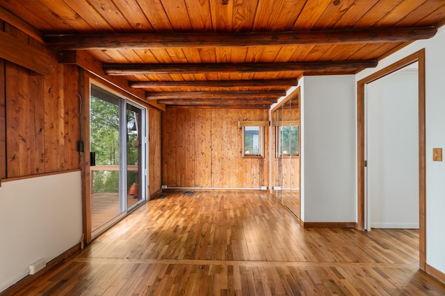 1931 Charlotte Landing Rd, Springport, MI 49284 - empty room with wood-type flooring, baseboards, wood ceiling with exposed beams, and wood walls