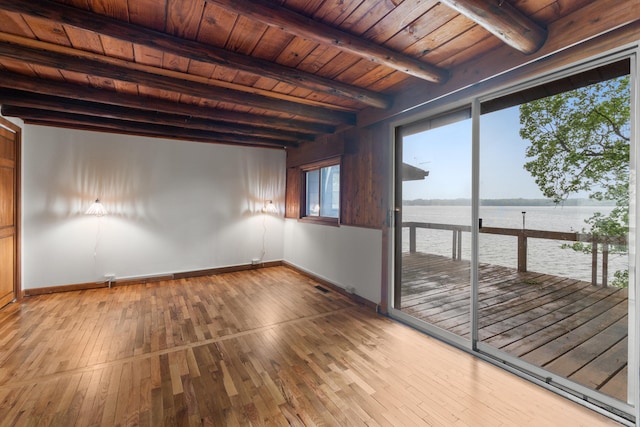 1931 Charlotte Landing Rd, Springport, MI 49284 - empty room with a water view, wood ceiling with exposed beams, hardwood / wood-style floors, and baseboards