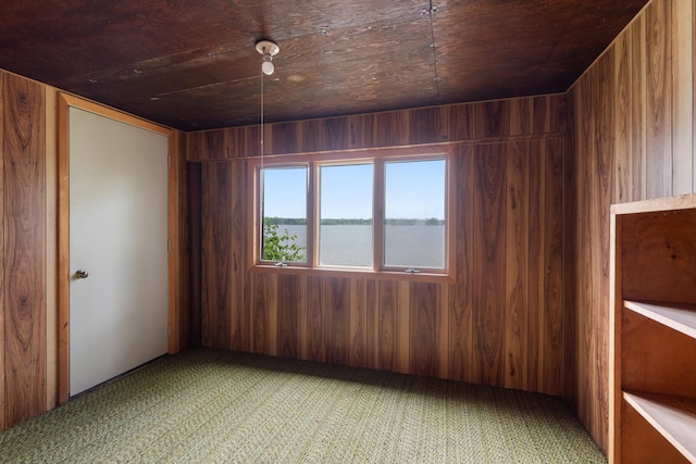 1931 Charlotte Landing Rd, Springport, MI 49284 - unfurnished bedroom featuring wooden walls, light carpet, and a water view