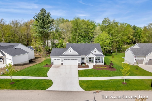 16371 Wickshire Pl, Spring Lake, MI 49456 - view of front of house featuring an attached garage, concrete driveway, a front lawn, and a porch