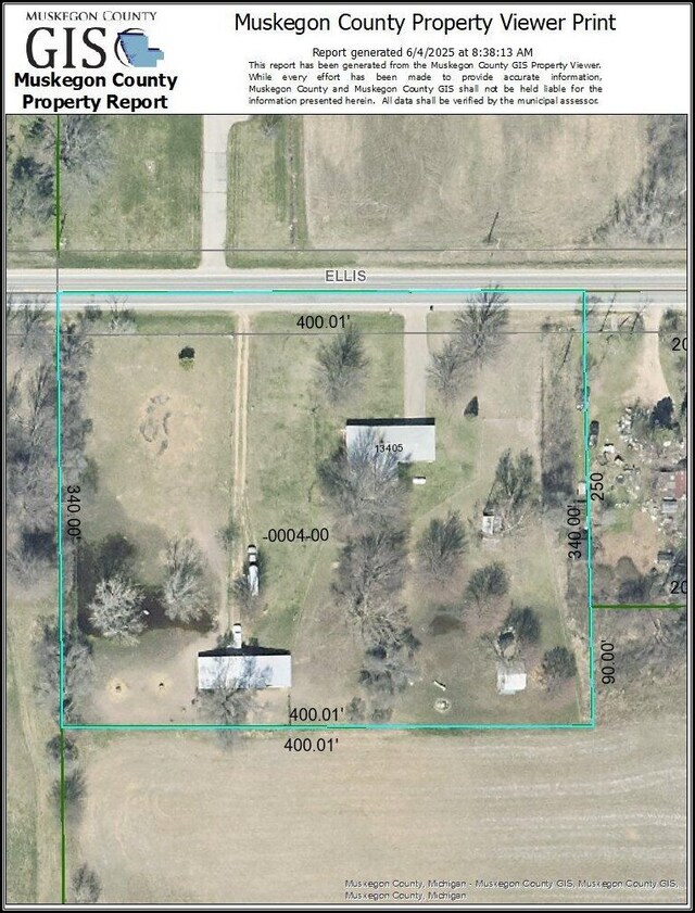 13405 Ellis Rd, Conklin, MI 49403 - aerial view of property's location with property parcel outlined