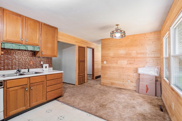 18930 G Dr N, Marshall, MI 49068 - kitchen featuring a sink, wooden walls, light carpet, light countertops, and brown cabinetry