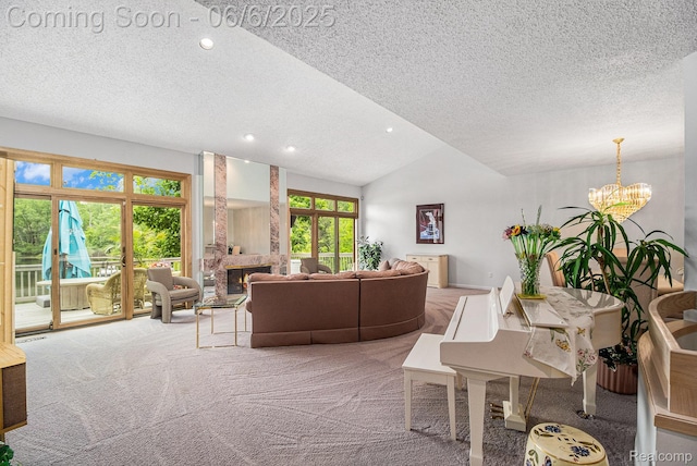 4825 Mirror Lake Dr, West Bloomfield, MI 48323 - living area featuring a textured ceiling, recessed lighting, carpet flooring, a chandelier, and lofted ceiling