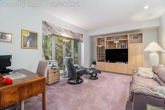4825 Mirror Lake Dr, West Bloomfield, MI 48323 - living area featuring light carpet, an office area, and a textured ceiling