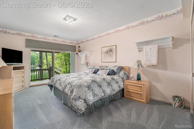 4825 Mirror Lake Dr, West Bloomfield, MI 48323 - bedroom featuring access to exterior, carpet flooring, a textured ceiling, and baseboards