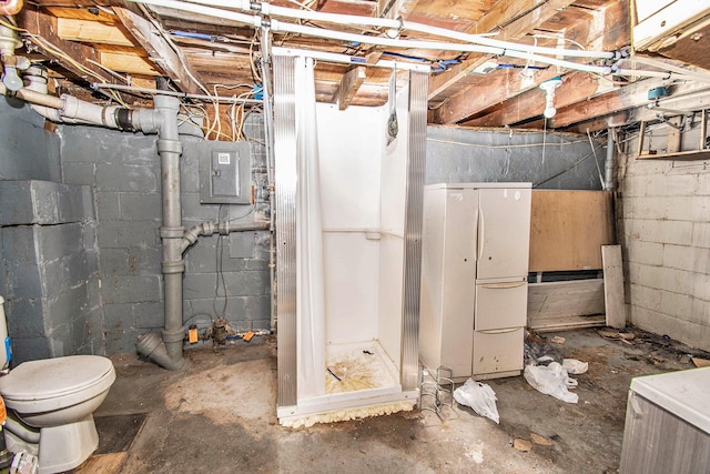 1527 Madison St, Muskegon, MI 49442 - unfinished below grade area featuring freestanding refrigerator and electric panel