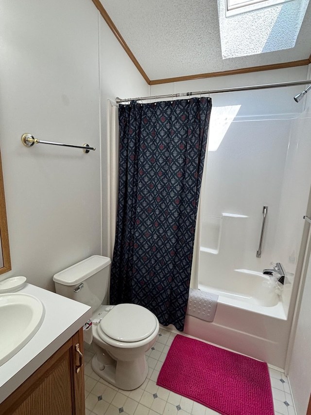 530 N June Dr, Mears, MI 49436 - full bathroom featuring shower / bath combo, vanity, toilet, a textured ceiling, and vaulted ceiling