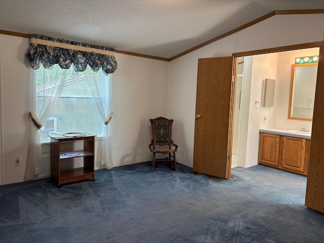 530 N June Dr, Mears, MI 49436 - unfurnished bedroom with lofted ceiling, crown molding, a textured ceiling, dark carpet, and ensuite bath