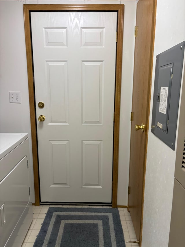 530 N June Dr, Mears, MI 49436 - laundry room with light tile patterned flooring, washer / dryer, and electric panel