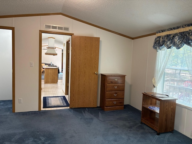 530 N June Dr, Mears, MI 49436 - bedroom with lofted ceiling, a textured ceiling, crown molding, and dark colored carpet