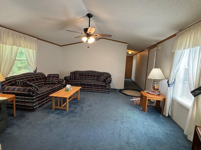 530 N June Dr, Mears, MI 49436 - living room featuring a ceiling fan, carpet flooring, ornamental molding, and a textured ceiling