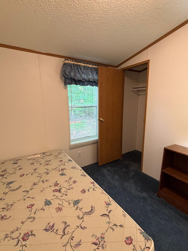 530 N June Dr, Mears, MI 49436 - unfurnished bedroom with ornamental molding, a textured ceiling, carpet flooring, a closet, and lofted ceiling