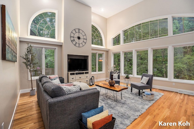 240 Pettis Ave NE, Ada, MI 49301 - living area with baseboards, a high ceiling, and wood finished floors