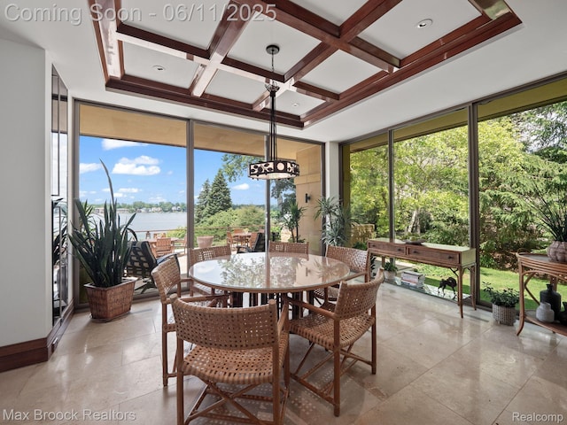 4790 Dow Ridge Rd, Orchard Lake, MI 48324 - sunroom with coffered ceiling, expansive windows, healthy amount of natural light, a water view, and a chandelier