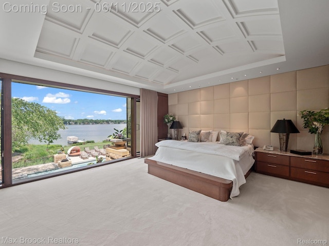 4790 Dow Ridge Rd, Orchard Lake, MI 48324 - bedroom featuring a water view, tile walls, light carpet, and access to exterior