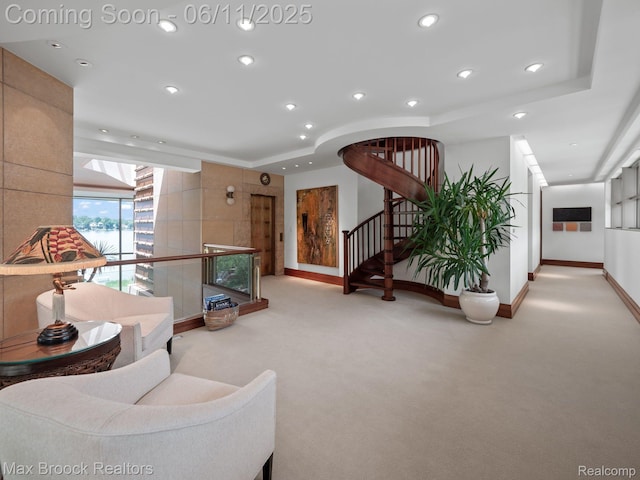 4790 Dow Ridge Rd, Orchard Lake, MI 48324 - carpeted living area featuring baseboards, recessed lighting, and stairway