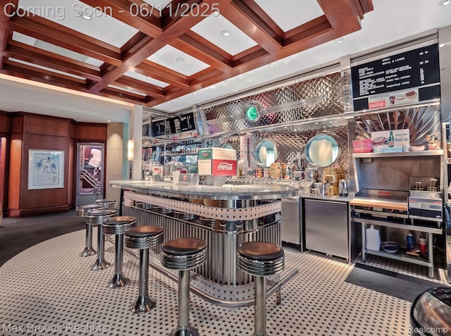 4790 Dow Ridge Rd, Orchard Lake, MI 48324 - indoor wet bar featuring refrigerator, carpet, beam ceiling, and coffered ceiling