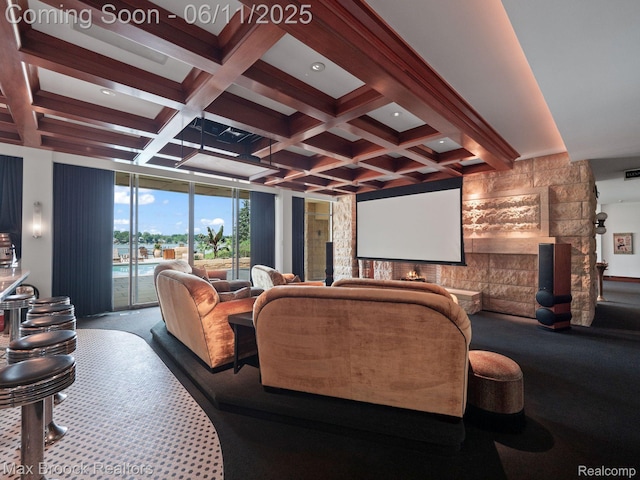 4790 Dow Ridge Rd, Orchard Lake, MI 48324 - carpeted cinema featuring beam ceiling, coffered ceiling, and recessed lighting