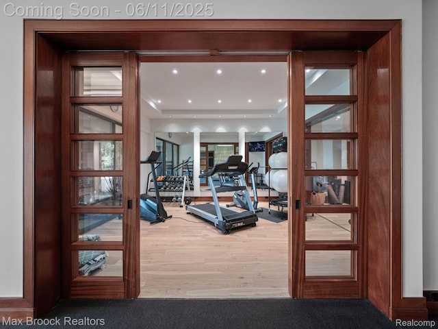 4790 Dow Ridge Rd, Orchard Lake, MI 48324 - workout room with wood finished floors and recessed lighting
