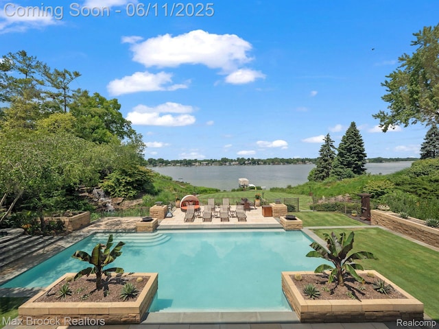 4790 Dow Ridge Rd, Orchard Lake, MI 48324 - swimming pool featuring a patio area, a water view, and a yard