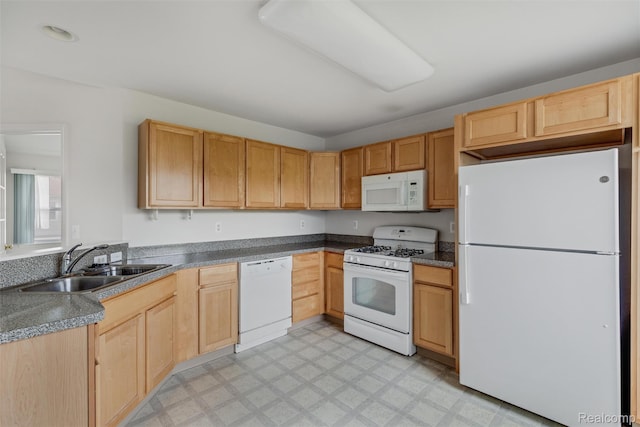 612 Riverstone Ln Unit 75, Chelsea, MI 48118 - kitchen with white appliances, a sink, light floors, and light brown cabinetry