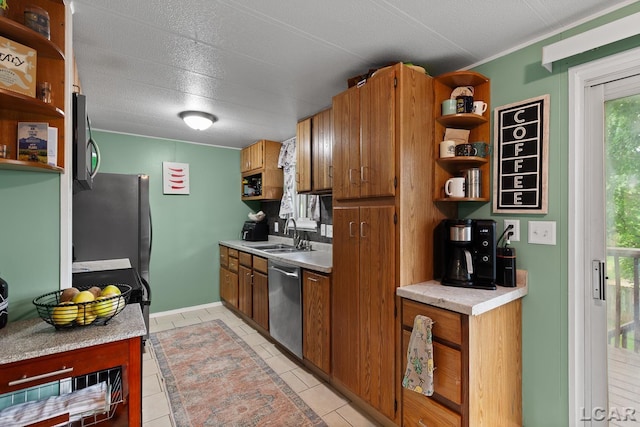 311 Marion St, Clinton, MI 49236 - kitchen featuring stainless steel appliances, open shelves, a sink, and brown cabinets