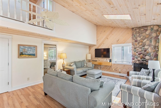 2338 Crescent Walk, Macatawa, MI 49434 - living room with a skylight, wood walls, high vaulted ceiling, wood ceiling, and baseboards
